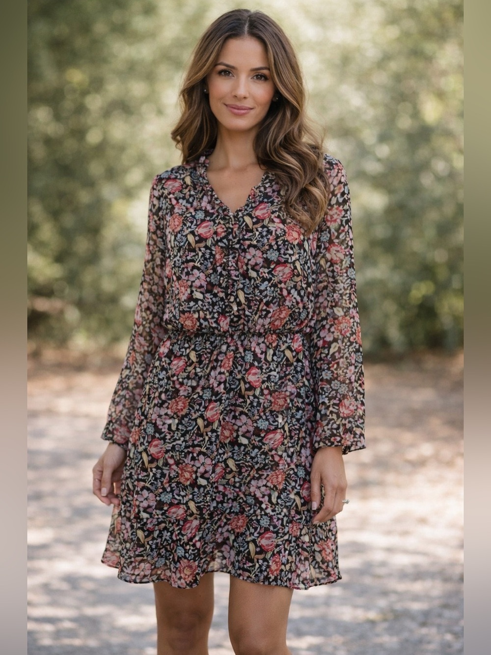 NWT Coline Women Floral Dress Long Sleeves Sz L Elastic Waist Ruffle Collar Boho